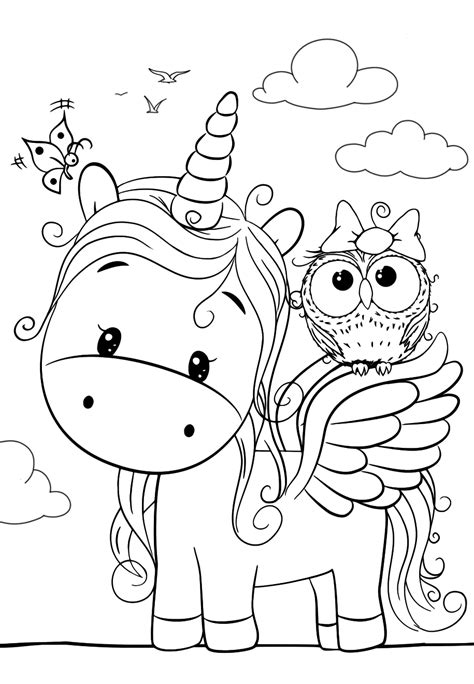 cute unicorn   owl coloring pages