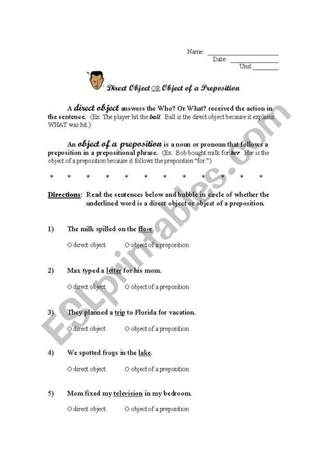 english worksheets direct object  object  preposition