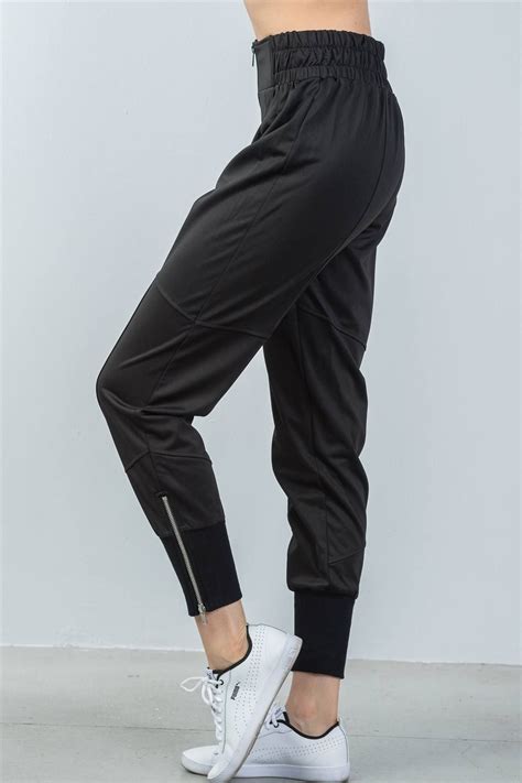 Womens Casual Ankle Lenght Black Zipper High Waisted Jogger Pants