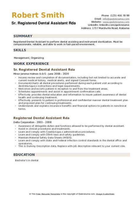 registered dental assistant rda resume samples qwikresume