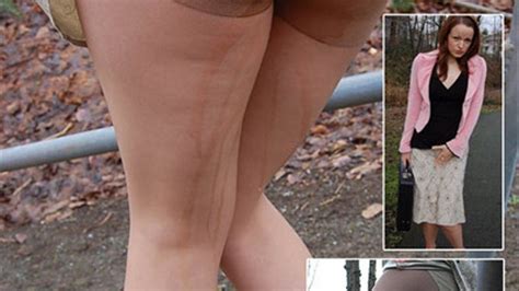 Secretary Janessa Pees Her Panties Pantyhose And Skirt During Walk Home