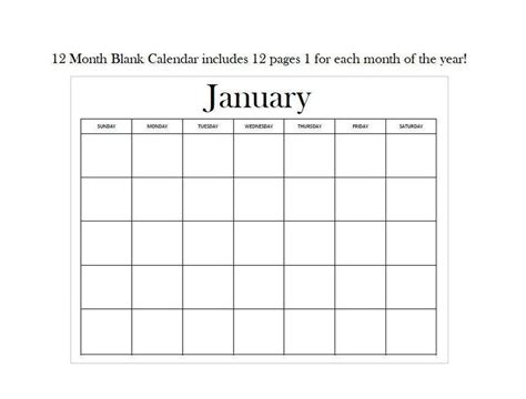 month blank calendar standard design digital  instant