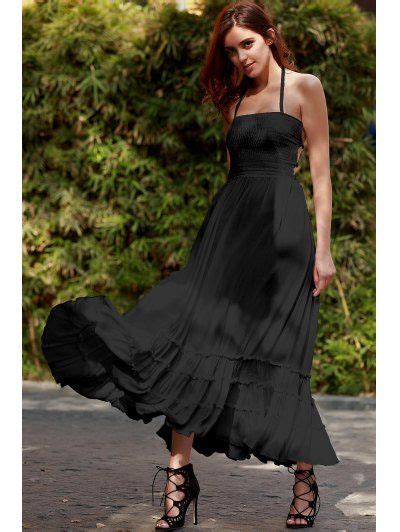 Solid Color Open Back Halter Sleeveless Dress Black Gray