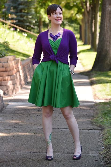 pretty outfit featuring purple cardigan emerald green eshakti dress purple peeptoes