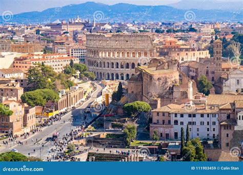 rome   aerial view   roman forum   colosseum stock