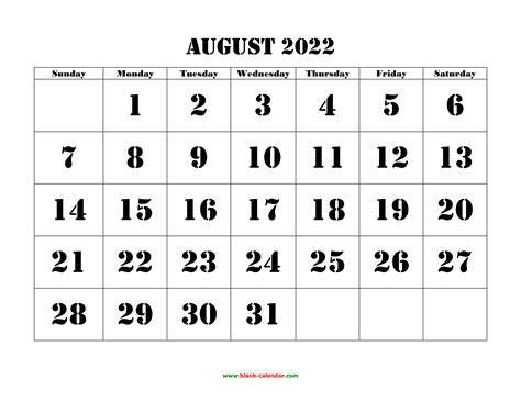 printable august  calendar large font design