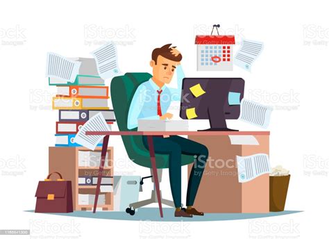 Man Overwork In Office Vector Illustration Of Cartoon