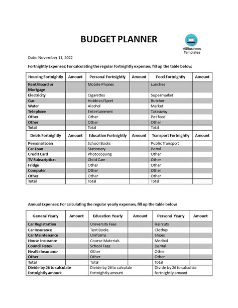 budget planner printable templates  allbusinesstemplatescom