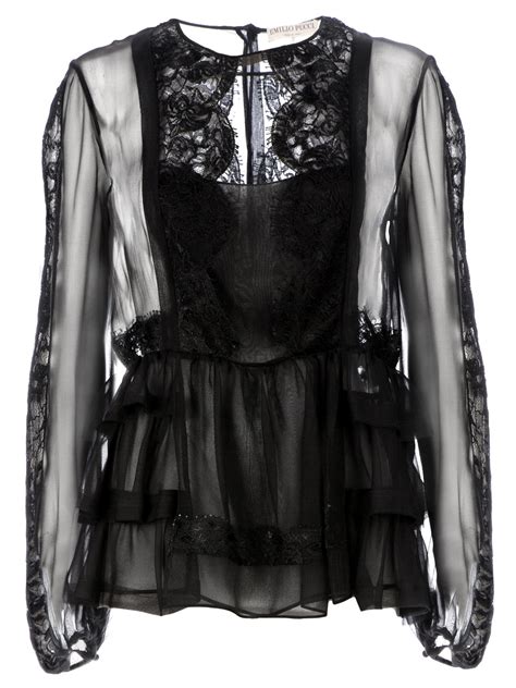 Lyst Emilio Pucci Lace Tiered Sheer Blouse In Black