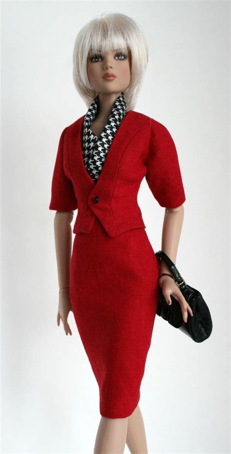 red power suit with houndstooth scarf for 16 inch fashion