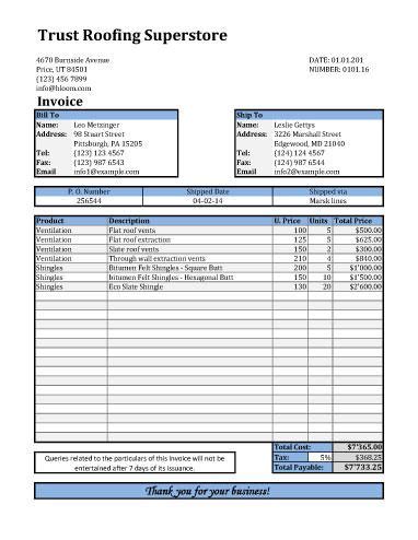 roofing invoice template  shipping details invoice template roof