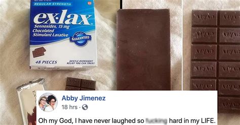 writer dying of laughter after husband eats bar of ex lax chocolate