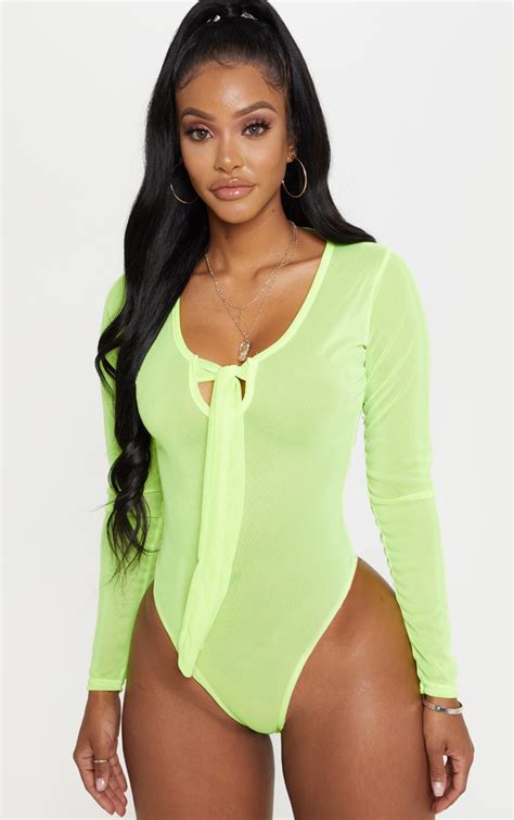 shape neon green sheer bodysuit curve prettylittlething usa