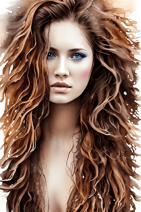 Beautiful Woman With Big Wild Wavy Fluid Brown Hair Hyper · Creative