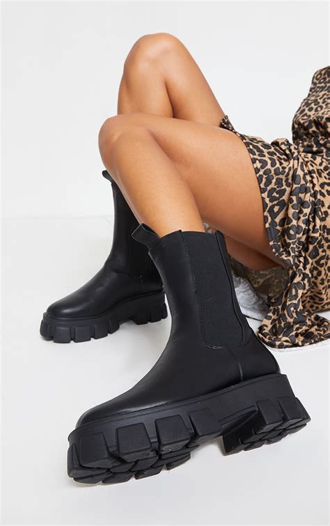 black chunky sole calf high chelsea boots prettylittlething ca