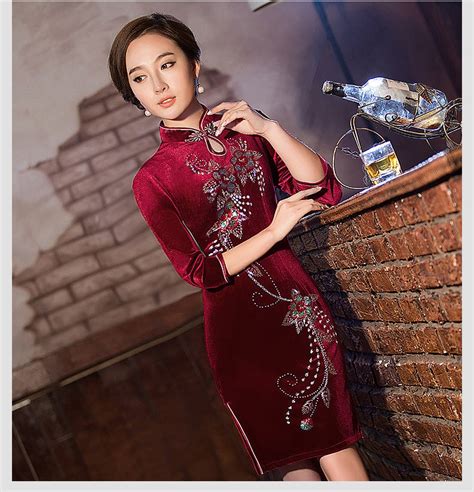 vintage chinese long sleeve velvet cheongsam women gorgeous cotton