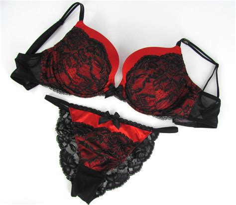 victoria secret sexy red satin black lace push up bra bikini panty set
