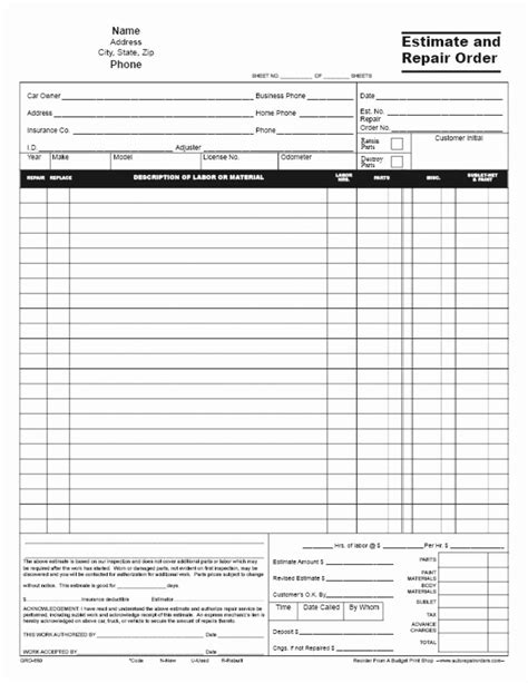 printable  auto body repair estimate template forms