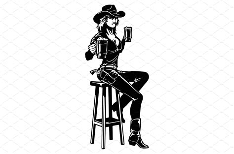 Cowgirl Girl And Beer Wild West Vector Graphics ~ Creative Market