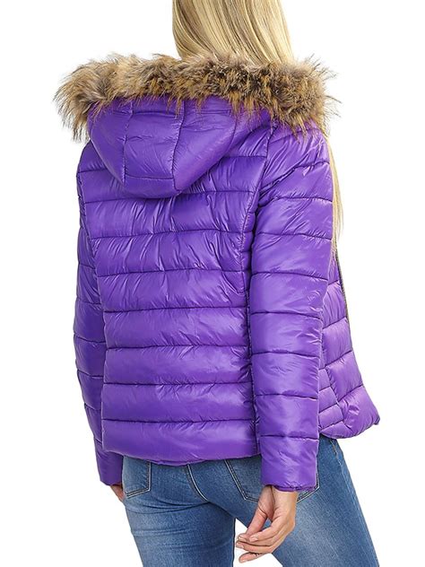 womens puffer jacket wet look faux fur coat size 12 8 10 14 16 black