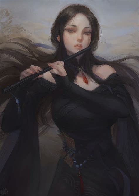 1girl flute solo long hair instrument dress black dress illustration images