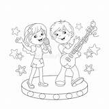 Outline Zingen Cantando Singen Lied Jongen Kleurend Meisje Paginaoverzicht Zeichnen sketch template