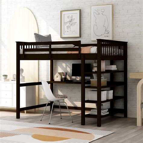buy full size loft bed  desk  nrizc full loft bed  storage wood loft bed