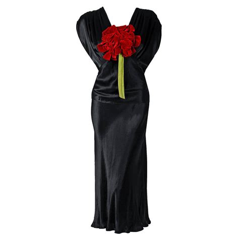 1930 s seductive black silk satin red rose applique bias cut deco