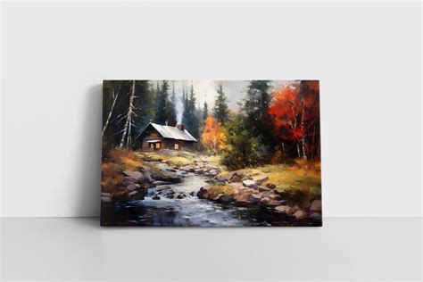 vintage country cabin  forest oil painting print  canvas lodge decor landscape autumn trees