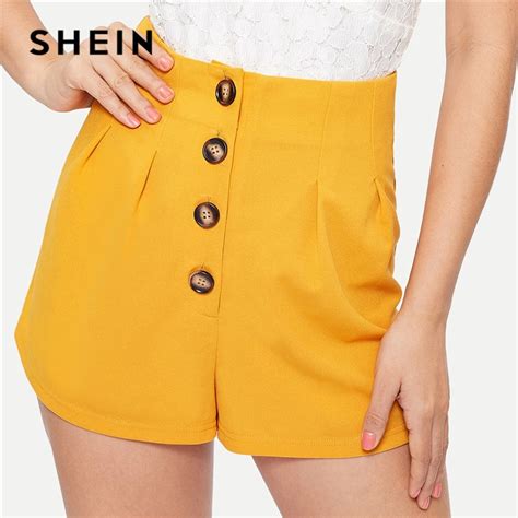 shein elegant button front high waist shorts women 2019 summer solid