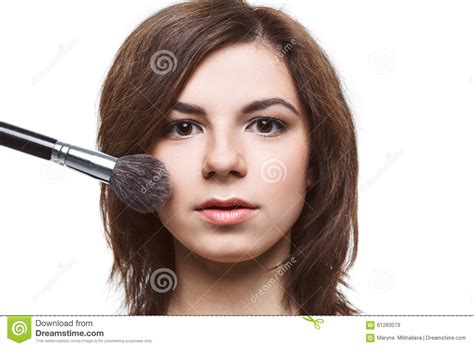Beautiful Woman Applying Foundation On Her Face Stock Image Image Of