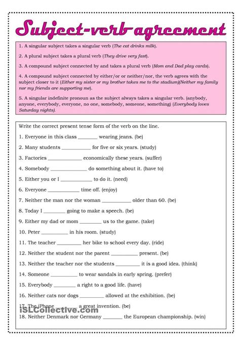 grammar time subject verb agreement  worksheets worksheets