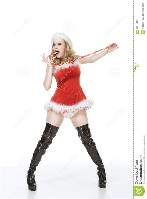 Excited Pin Up Mrs Santa Claus With Candy Cane Stock Image
