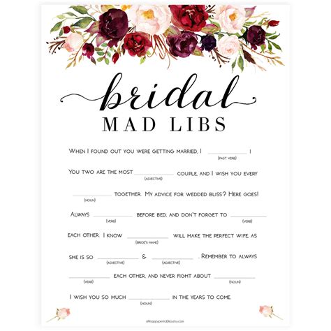 printable bridal shower mad libs printable word searches