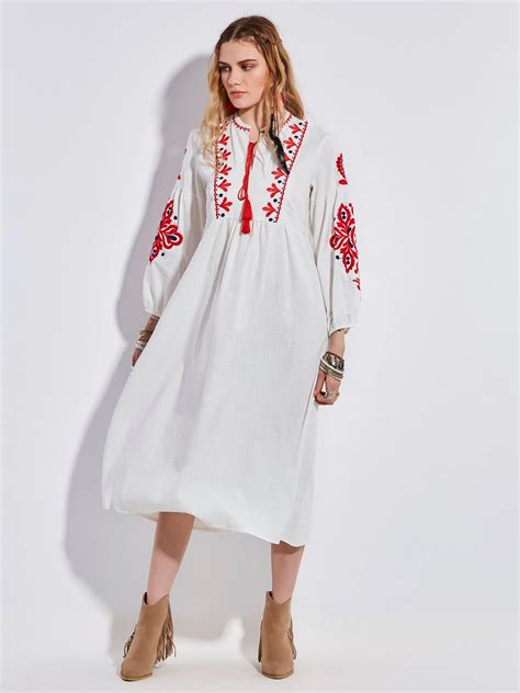 white boho dress cotton  vintage floral embroidery lantern sleeve  neck tassel casual mid