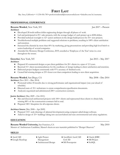 architecture resume examples   resume worded