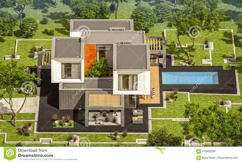 rendering  modern house   garden stock illustration illustration  grass