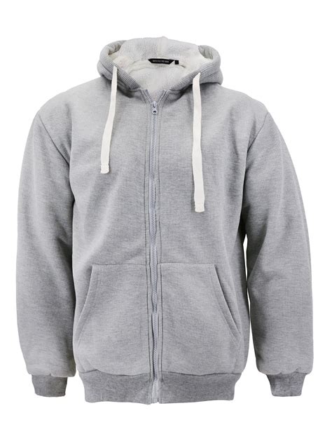 mens heavyweight thermal zip  hoodie warm sherpa lined sweater jacket light grey