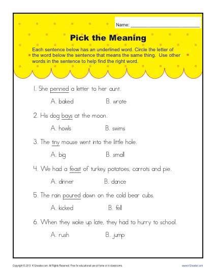 context clues worksheets  st grade pick  meaning context