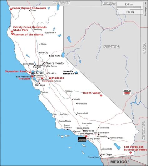map  california showing  shooting location   important destinations star wars