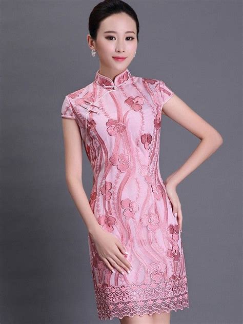 pink floral embroidery qipao cheongsam dress in organza dresses