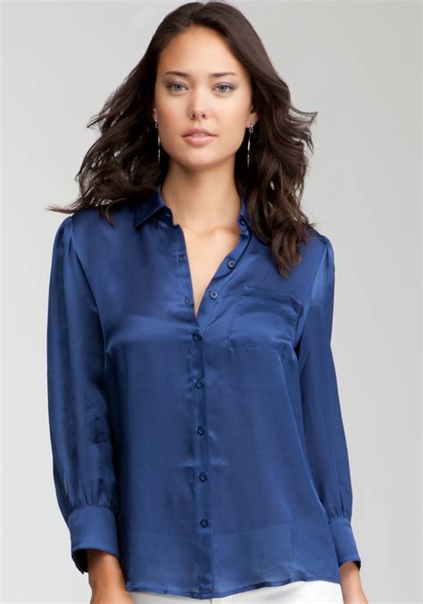 Bebe Simple Satin Silk Button Up Blouse In Blue Lyst