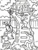 Coloring Treehouse Fun Having Pages Four Girl Tree House Kids Their Boomhutten Kleurplaten Houses Color Colouring Playing Colorluna Print Sheets sketch template
