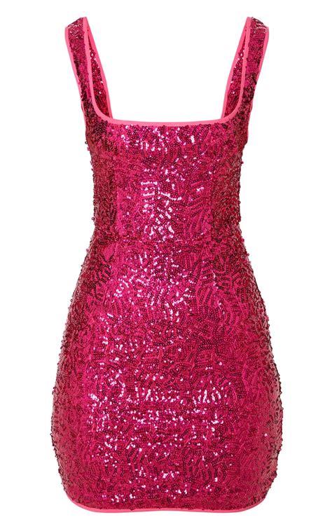 Hot Pink Sequin Sleeveless Square Neck Dress Prettylittlething Aus