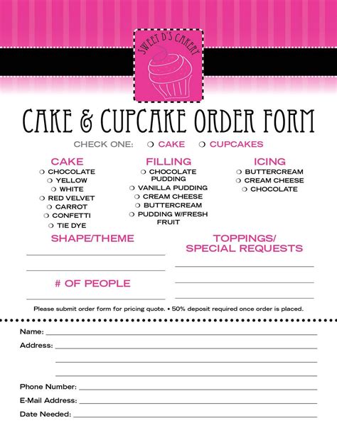 sweet ds cakery   order form  cake business cake