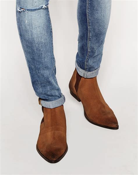 lyst asos pointed chelsea boots  brown suede  brown  men