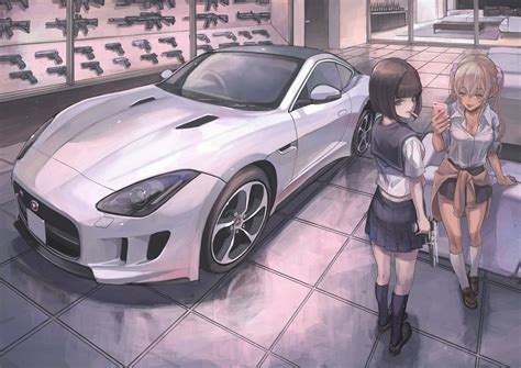 wallpaper gun long hair anime girls short hair weapon sports car jaguar performance car