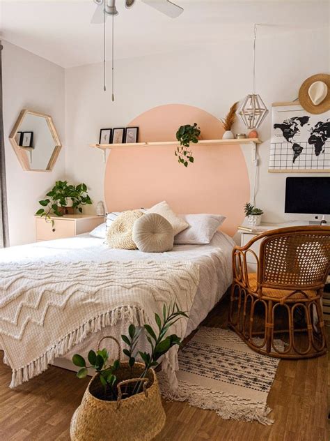 boho bedroom inspo pink tones ratan color zoning headboard