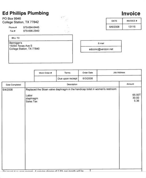 sample plumbing invoice templates   excel ms word