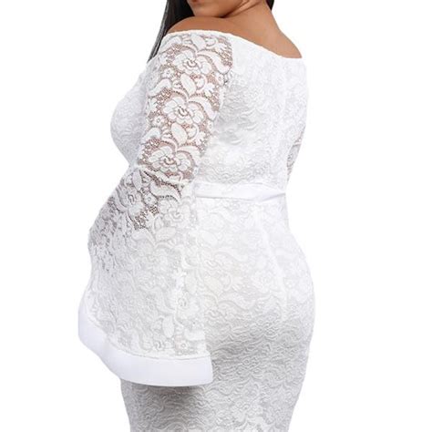 Hualong Sexy Bell Sleeve Plus Size White Lace Dress